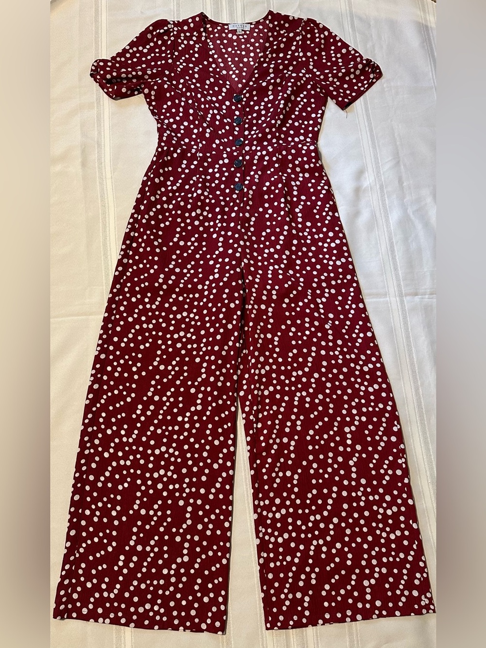 Hayden Los Angeles V-Neck Burgundy Polka Dot Button-Front Jumpsuit - Picture 4 of 16